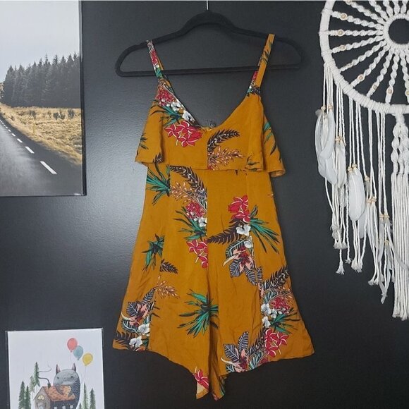 Ardene Earthy Mustard Floral Ruffle Romper - Picture 1 of 7